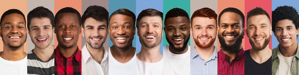 Attraktive Männer unterschiedlichen Alters und Nationalität zeigen positive Emotionen, Panorama - Foto, Bild