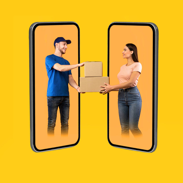 Kuriiri ja nainen älypuhelimen näytöillä tilalla laatikot, keltainen tausta - Valokuva, kuva