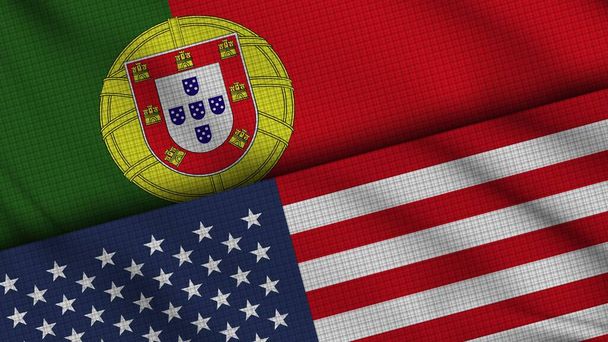 Portugalia i USA Flagi Stanów Zjednoczonych Ameryki Razem, Wavy Fabric, Najnowsze wiadomości, Koncepcja kryzysu dyplomatycznego, Ilustracja 3D - Zdjęcie, obraz