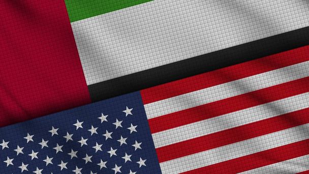 Zjednoczone Emiraty Arabskie i USA Flagi Stanów Zjednoczonych Ameryki Razem, Wavy Fabric, Najnowsze wiadomości, Koncepcja kryzysu dyplomacji politycznej, Ilustracja 3D - Zdjęcie, obraz