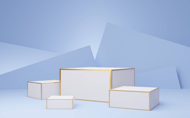 3 Tyhjä valkoinen kuutio palkintokorokkeella kultaa raja vastaan sininen pastelli seinään tausta. Abstrakti minimaalinen studio 3d geometrinen muoto objekti. Mockup tilaa näyttö tuotesuunnittelun. 3d-renderointi. - Valokuva, kuva