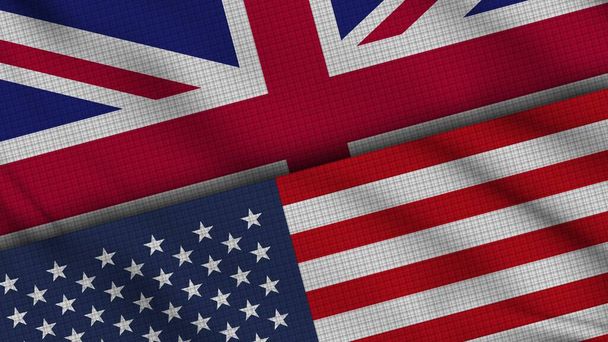 イギリスとアメリカアメリカの国旗、波布、速報ニュース、政治外交危機の概念、 3Dイラスト - 写真・画像