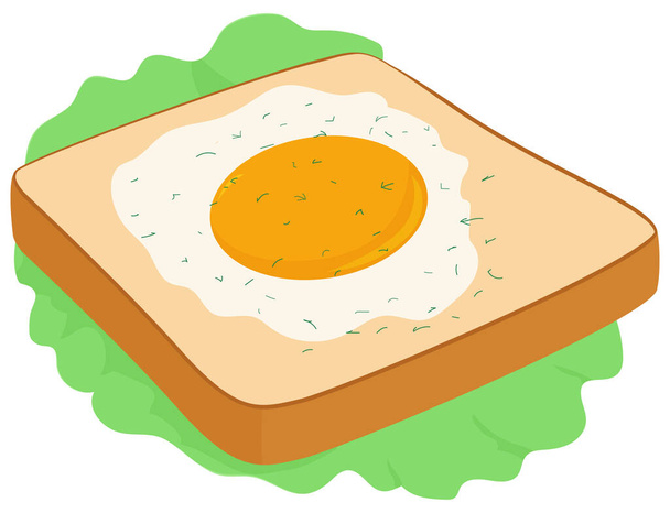 Breakfast toast with bread and fried egg. Vector food illustration on green salad. - Vektor, kép