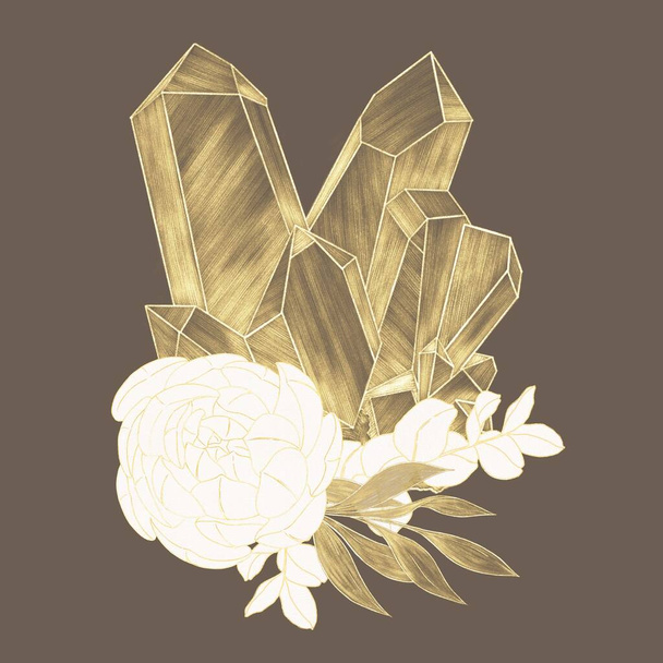 Composizione decorativa, minerale cristallino con motivo dorato sagomato, succulente e foglie su fondo marrone - Foto, immagini