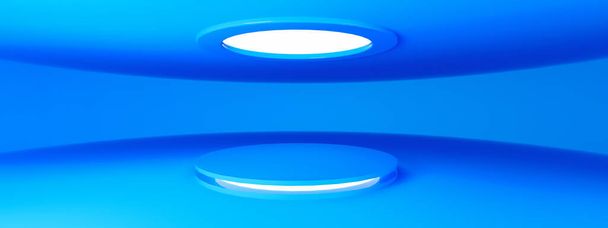 blue empty modern showroom with blank pedestal and led lighting, for product display, 3D rendering, panoramic layout - 写真・画像