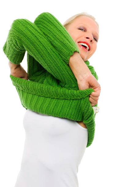 Portrait of a young caucasian woman with green turtleneck - Foto, Imagen