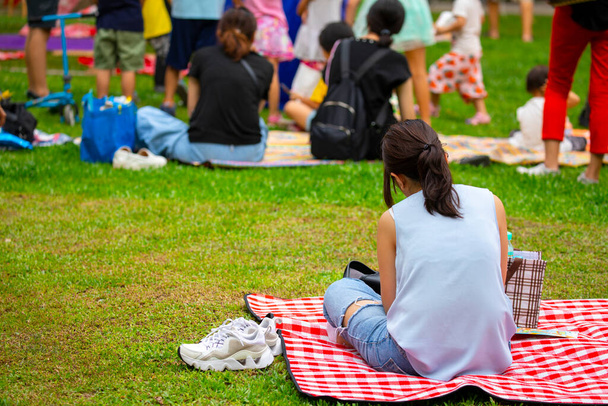 Toplum tarafından organize edilen etkinlikler, yeniden birlikte hayatın tadını çıkarın, piknik yapın ve çimlerin üzerinde dinlenin. - Fotoğraf, Görsel