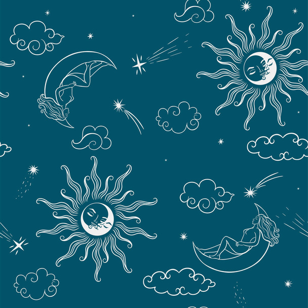 Seamless pattern with celestial bodies and girls. Vector image. - Διάνυσμα, εικόνα