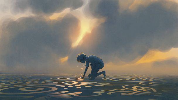 The child touches the pattern with his finger on the ground, digital art style, illustration painting - Photo, Image