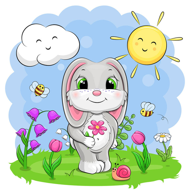 Cute cartoon rabbit in nature. Vector illustration with an animal. - Вектор, зображення