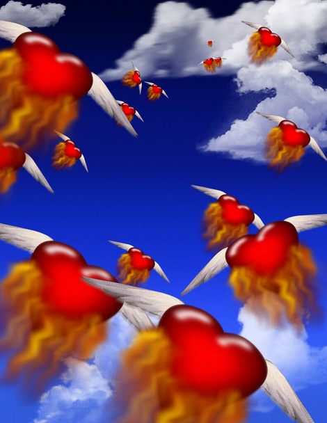 flying red hearts with wings, digital abstract background - 写真・画像