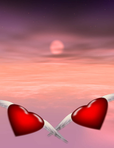 flying red hearts with wings, digital abstract background - Zdjęcie, obraz