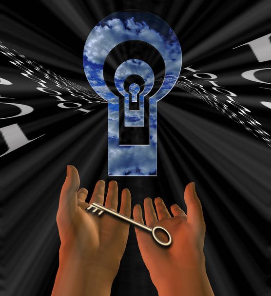 Digital abstract background with hands holding a key under keyhole - Фото, изображение