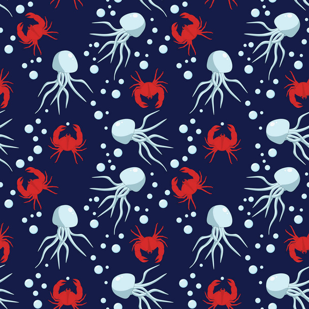  marine vector pattern with crabs and jellyfish on a dark blue background with bubbles - Vector, Image