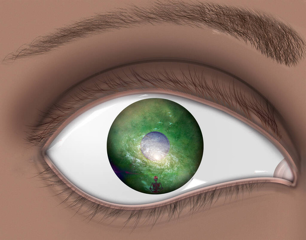 eye lens reflection with green glitter - Φωτογραφία, εικόνα