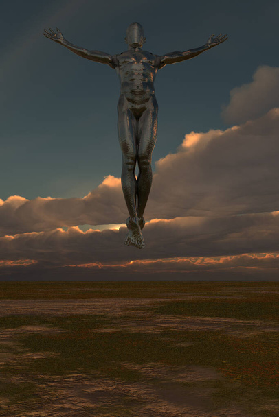 Droid ascension over empty landscape. 3d rendering. - Fotografie, Obrázek