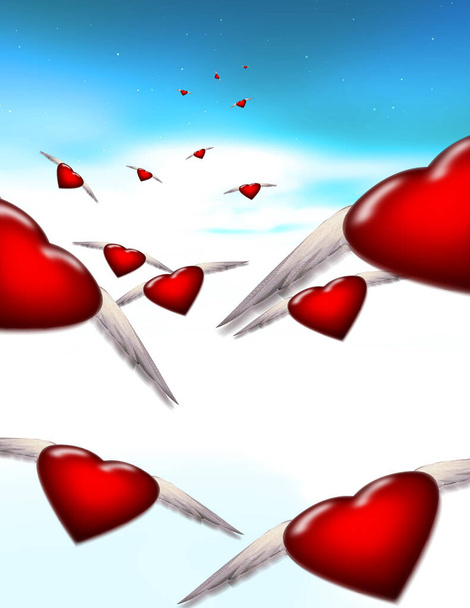 flying red hearts with wings, digital abstract background - Zdjęcie, obraz