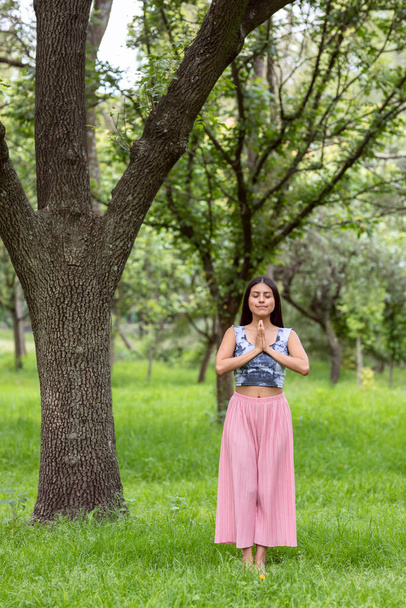 Latinská žena dělá meditaci na boku stromu v parku na zelené trávě s růžovou výbavou - Fotografie, Obrázek