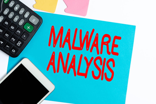 Kézírás szöveg Malware Analysis. Üzleti megközelítés elvégzi mélyreható elemzése kitérő és ismeretlen fenyegetések kijelzője különböző színű matrica megjegyzések rendezett lapos Lay háttér - Fotó, kép