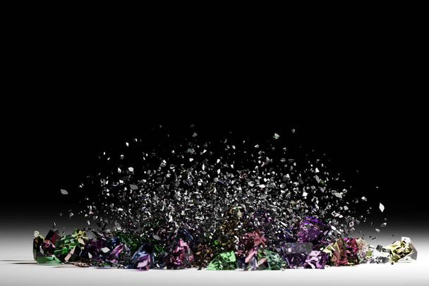 Ilustração 3d de uma pequena explosão de fragmentos de vidro. Vidro quebrado está voando em direções diferentes. - Foto, Imagem