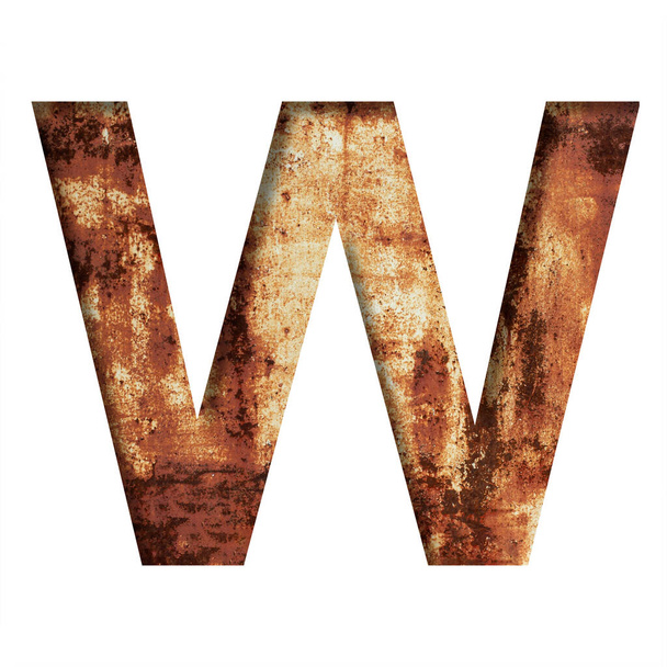 Rusty iron letters. The letter W cut out of paper on the background of an old rusty iron sheet with rust stains and cracks. Decorative alphabet, font collection. - Фото, изображение