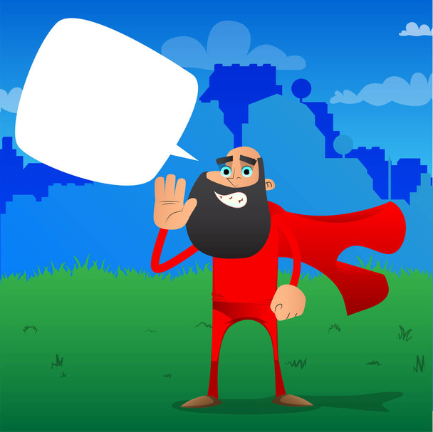 Lustiger Cartoon-Mann als Superheld mit winkender Hand verkleidet. Vektorillustration. - Vektor, Bild