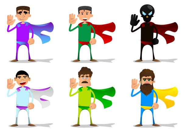 Divertido hombre de dibujos animados vestido como un superhéroe con la mano agitada. Ilustración vectorial. - Vector, Imagen