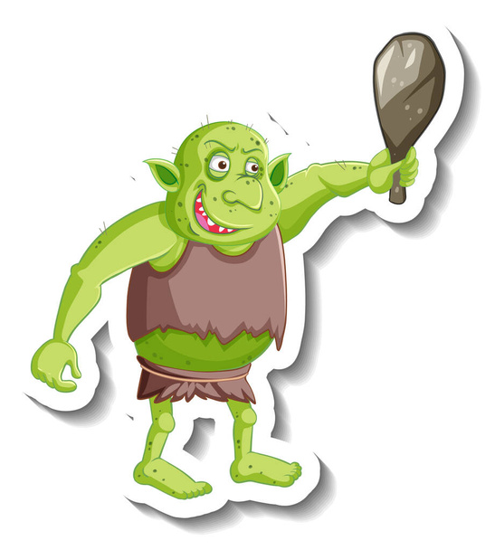 Ilustración de etiqueta engomada de personaje de dibujos animados de duende verde o troll - Vector, Imagen