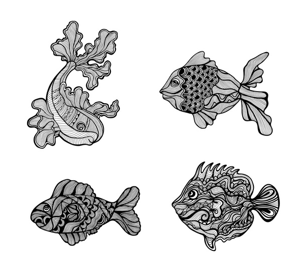Set of decorative artistic black and white fish drawings - Vector, Image