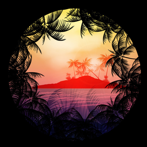 Seaside View Poster with Tropical Island and Palm Trees - Vector Illustration - Vektor, obrázek