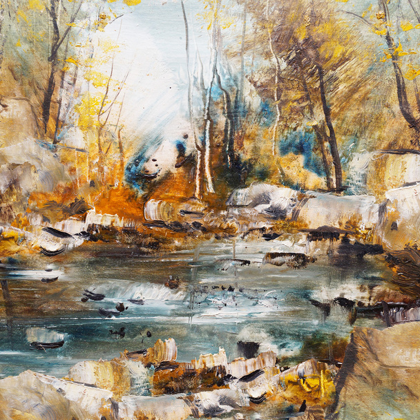 Creek rotsen en bomen, olieverfschilderij - Foto, afbeelding