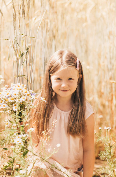 Una bambina bellissima con un mazzo di margherite in un campo di grano - Foto, immagini