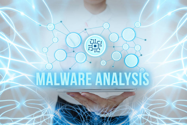 Conceptual caption Malware Analysis. Business idea performs deep analysis of evasive and unknown threats Lady In Uniform Standing Holding Tablet Typing Futuristic Technologies. - Photo, Image