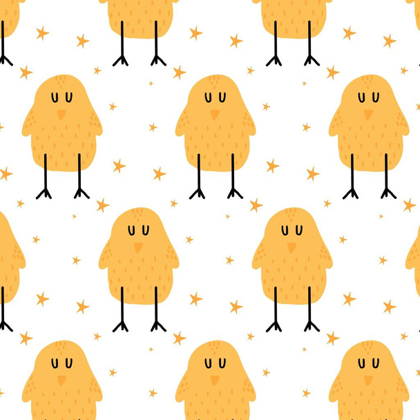 Childrens hand-drawn seamless pattern with chickens. Cute chickens with stars. The pattern is suitable for fabrics, posters, cards, prints. - ベクター画像