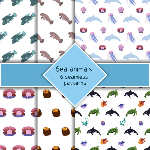 Set with six sea animal seamless pattern with killer whale, turtle and dolphin, jellyfish seahell with pearl. - Vector, Image