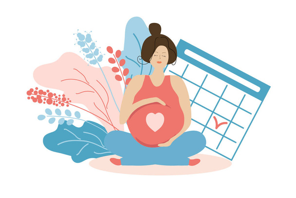 Aranyos terhes nő virágokkal és naptárral. A szülés vagy az orvosi vizsgálat időpontja. Terhesség és anyaság. Gyereket hordok. Lapos illusztráció. - Vektor, kép
