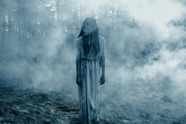 Girl with long black hair in image of scary ghost zombie walks among dark forest against background of smoke. - Photo, Image