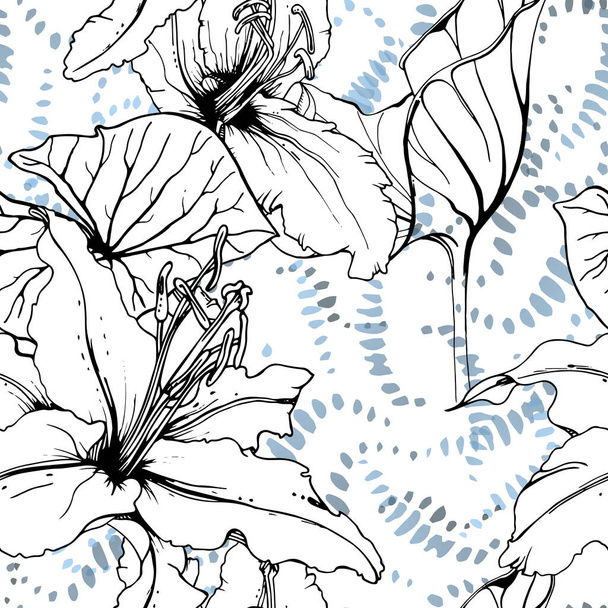 Floral Black and White Seamless Pattern. Modern Artistic Watercolor Print. Fashion Outline Flowers Surface. Botanic Vector Motif on Ink Stains Texture. Drawing Abstract Leaf. Trend Tropic Background. - Διάνυσμα, εικόνα
