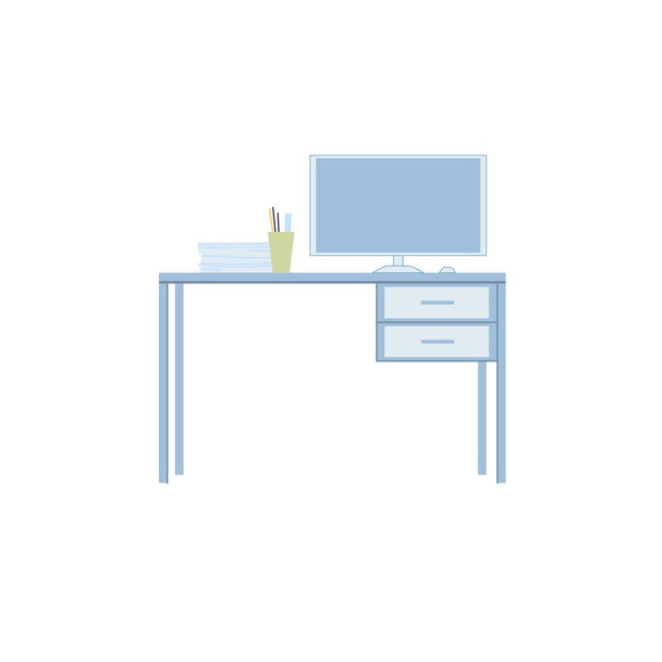 Monitor de computadora de dibujos animados planos en escritorio de trabajo, equipos electrónicos, muebles y elementos de interior de oficina concepto de ilustración vectorial - Vector, Imagen