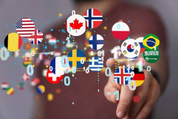 An interconnected network of international flag icons- global cooperation concept - Photo, Image