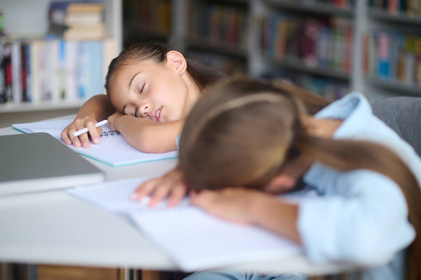 Pretty girl with a pen and her exhausted friend dozing together - Фото, изображение