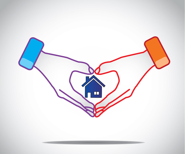 Hombre mujer pareja cogido de la mano como corazón con casa casa en el medio
 - Vector, imagen