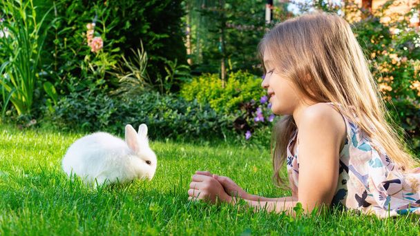 A decorative dwarf rabbit is eating grass on the lawn in the garden. The girl lies on the lawn and plays with a cute white hare. Rodent as a pet. Child and pet friendship concept. - Photo, image