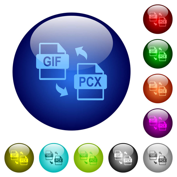 GIF PCX bestand conversie pictogrammen op ronde glazen knoppen in meerdere kleuren. Opgestelde laagstructuur - Vector, afbeelding