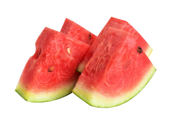 Fresh red watermelon slices or pieces and half isolated with clipping path, no shadow in white background - Zdjęcie, obraz