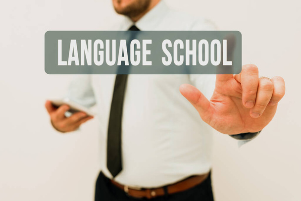 Text sign showing Language School. Word Written on educational institution where foreign languages are taught Presenting New Technology Ideas Discussing Technological Improvement - Photo, Image