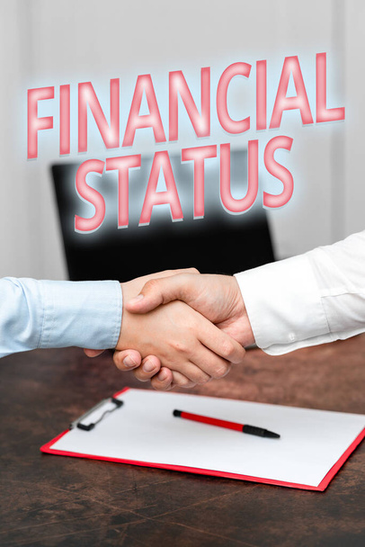Writing displaying text Financial Status. Business idea level of income into which applicants are categorized Two Professional Well-Dressed Corporate Businessmen Handshake Indoors - Photo, Image
