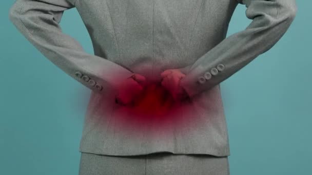Back Pain. Business woman with back injury. woman back pain after work. Office syndrome Muscle inflammation concept. Businesswoman with pain in back. Suffering from backache closeup footage. - Footage, Video