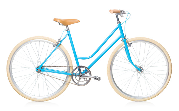 Tyylikäs naisten sininen polkupyörä eristetty valkoinen
 - Valokuva, kuva