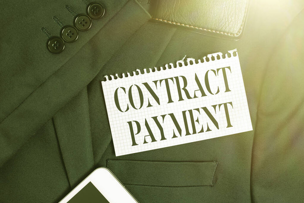Text sign showing Contract Payment. Concept meaning payments made by payer to the payee as per agreement terms Presenting New Proper Work Attire Designs, Displaying Formal Office Clothes - Photo, Image